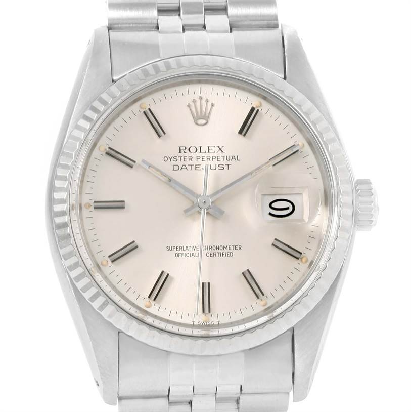 This image shows a Rolex Vintage Collection 16014 Men's Stainless Steel Silver Dial 16014 Men's Stainless Steel Silver Dial Oyster Perpetual Datejust watch from a front angle, focusing on the dial, bezel, and part of the bracelet.