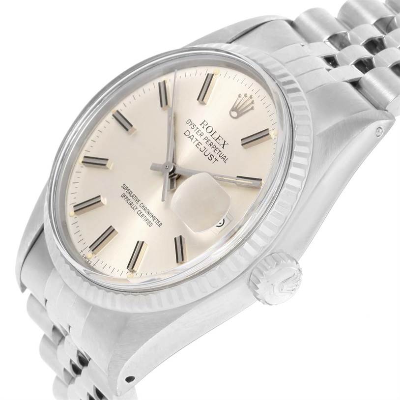 The image shows a Vintage Collection Rolex Oyster Perpetual Datejust watch from a tilted angle, highlighting the dial, bezel, and part of the bracelet.