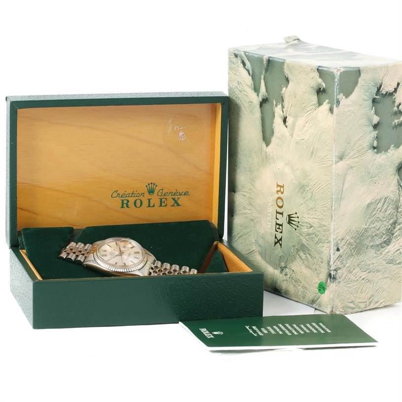 The image shows a Rolex Vintage Collection 16014 Men's Stainless Steel Silver Dial 16014 Men's Stainless Steel Silver Dial model in an open box, alongside its outer packaging and documentation.