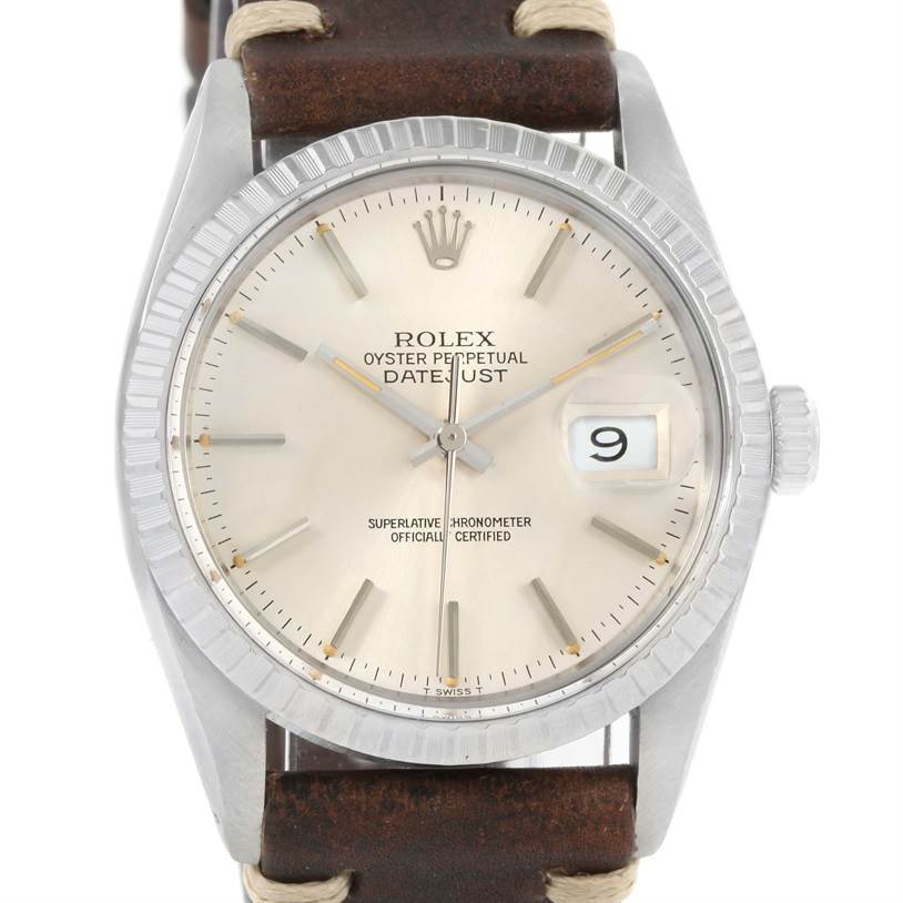 The image shows a front view of the Rolex Vintage Collection 16030 Men's Stainless Steel Silver Dial 16030 Men's Stainless Steel Silver Dial Datejust watch, highlighting the dial, bezel, and crown.