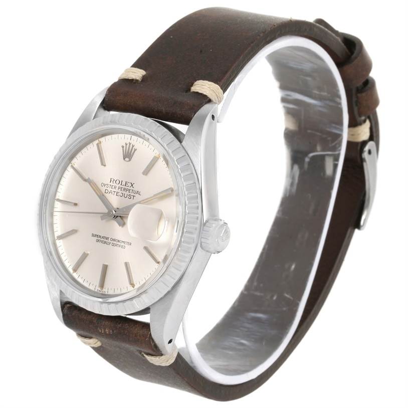 This Rolex Vintage Collection 16030 Men's Stainless Steel Silver Dial 16030 Men's Stainless Steel Silver Dial model is shown at a three-quarter angle, highlighting the dial, bezel, crown, and leather strap.
