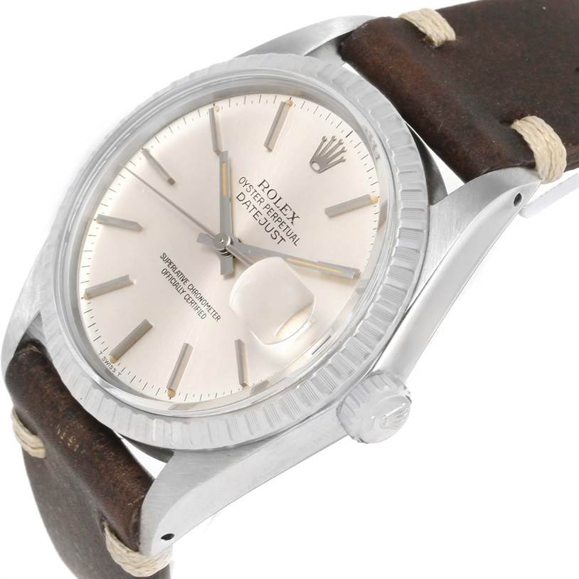 The Rolex Vintage Collection 16030 Men's Stainless Steel Silver Dial 16030 Men's Stainless Steel Silver Dial model is shown at an angled close-up, highlighting the face, bezel, and part of the leather strap.