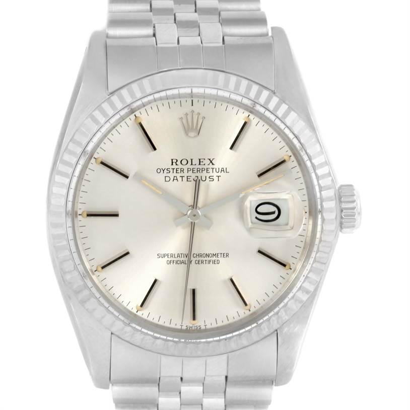 This image shows a front view of a Rolex Vintage Collection 16014 Men's Stainless Steel Silver Dial 16014 Men's Stainless Steel Silver Dial Oyster Perpetual Datejust watch with a silver dial and jubilee bracelet.