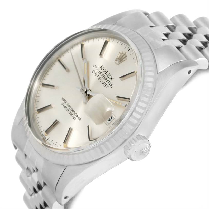The Rolex Vintage Collection 16014 Men's Stainless Steel Silver Dial 16014 Men's Stainless Steel Silver Dial model watch is shown at an angled side view, highlighting the face, dial, bezel, and part of the bracelet.