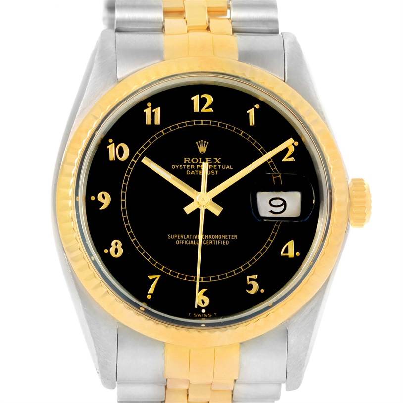 The front view of the Rolex Vintage Collection 16013 Men's Stainless Steel Black Dial 16013 Men's Stainless Steel Black Dial model watch shows the face, bezel, and part of the band.