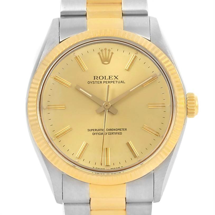 The image shows a front view of the Rolex Vintage Collection 1005 Men's Steel and Gold (two tone) Champagne Dial 1005 Men's Steel and Gold (two tone) Champagne Dial Oyster Perpetual watch, highlighting the dial, bezel, and bracelet.