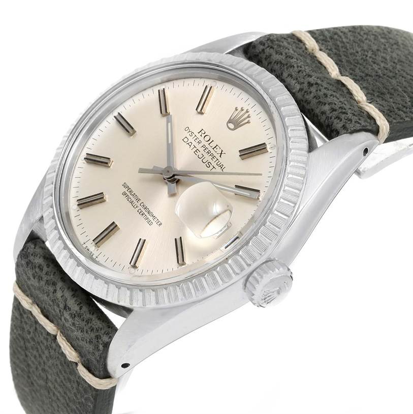 This image shows a Rolex Vintage Collection 16030 Men's Stainless Steel Silver Dial 16030 Men's Stainless Steel Silver Dial Datejust model at an angled view, highlighting the dial, bezel, crown, and strap.