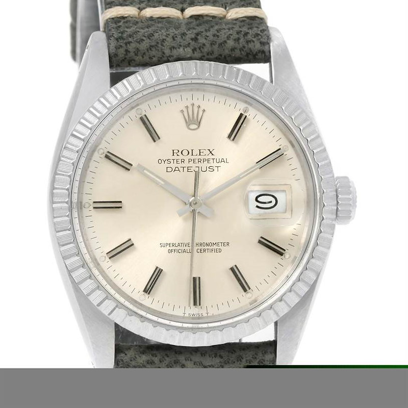 Rolex Datejust Steel Silver Dial Vintage Mens Gray Strap Watch 16030 SwissWatchExpo