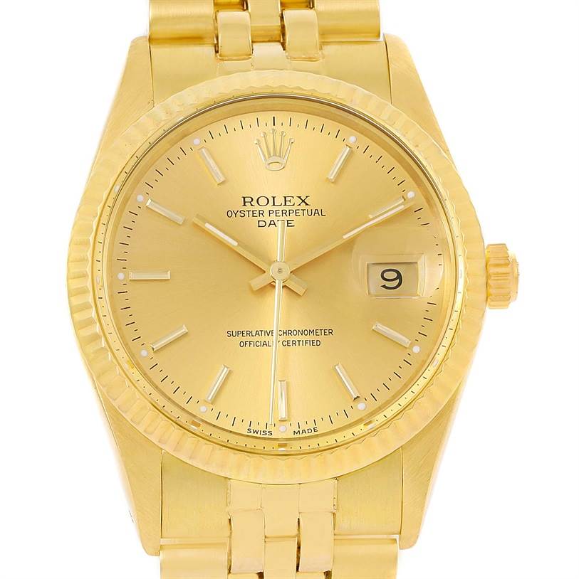 The image shows a front view of the Rolex Vintage Collection 15037 Men's Yellow Gold Champagne Dial 15037 Men's Yellow Gold Champagne Dial Oyster Perpetual Date watch with its gold tone dial, hands, and bracelet.