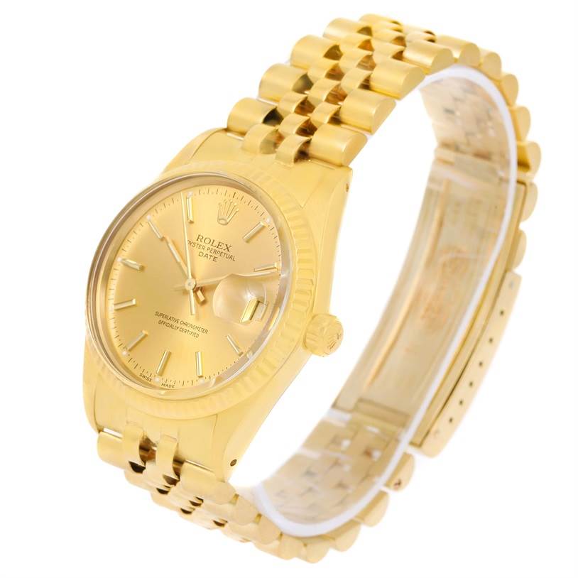 The image shows a Rolex Vintage Collection 15037 Men's Yellow Gold Champagne Dial 15037 Men's Yellow Gold Champagne Dial watch from a front-side angle, highlighting its gold case, dial, and bracelet.