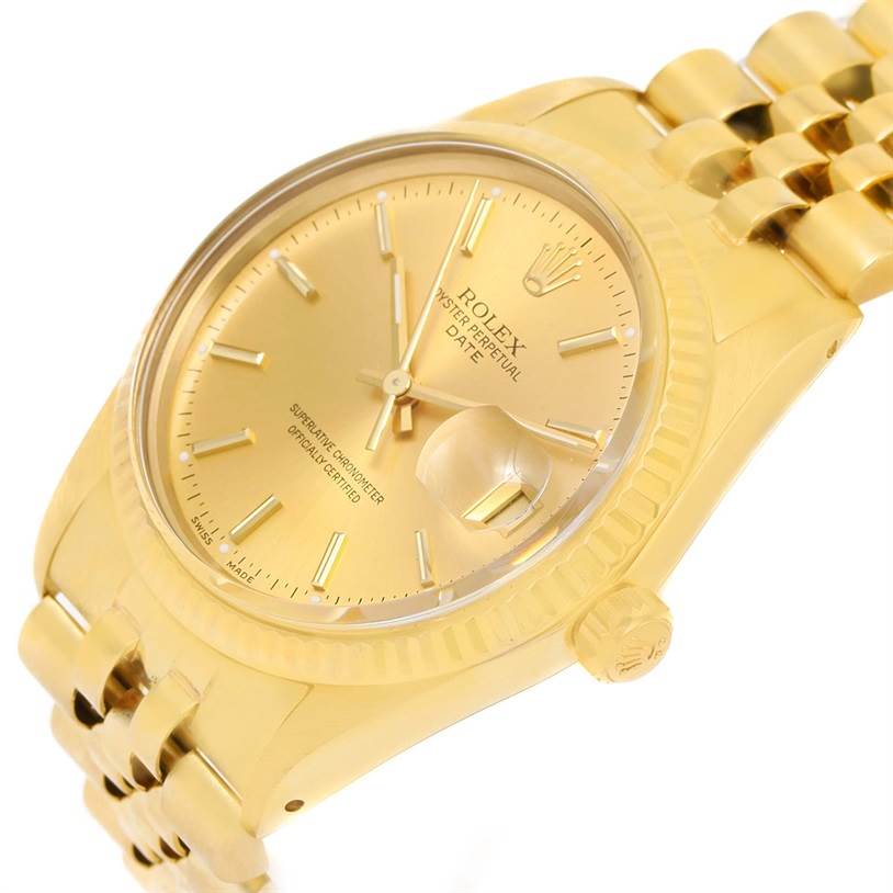 The Rolex Vintage Collection 15037 Men's Yellow Gold Champagne Dial 15037 Men's Yellow Gold Champagne Dial model is shown from a side angle, highlighting the gold case, bracelet, crown, and dial with a date window.