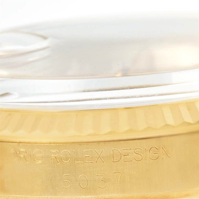 The image shows a close-up side view of the case and bezel of a Rolex Vintage Collection 15037 Men's Yellow Gold Champagne Dial 15037 Men's Yellow Gold Champagne Dial model, displaying "ORIG ROLEX DESIGN 15037".