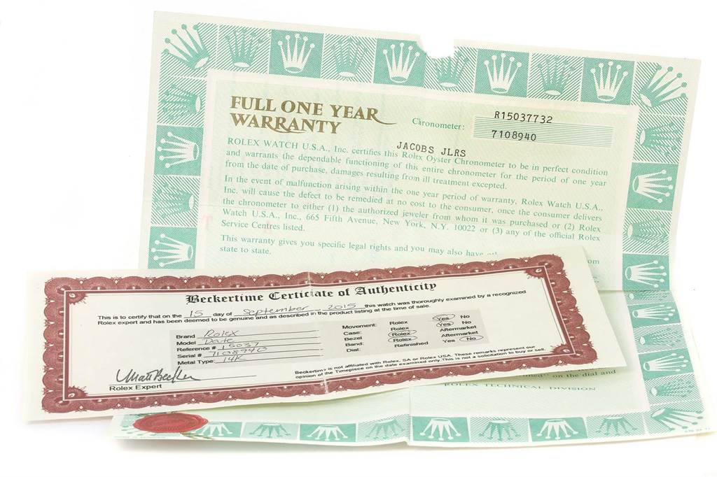 This image shows a full one-year warranty card and a Certificate of Authenticity for a Vintage Collection model by Rolex.