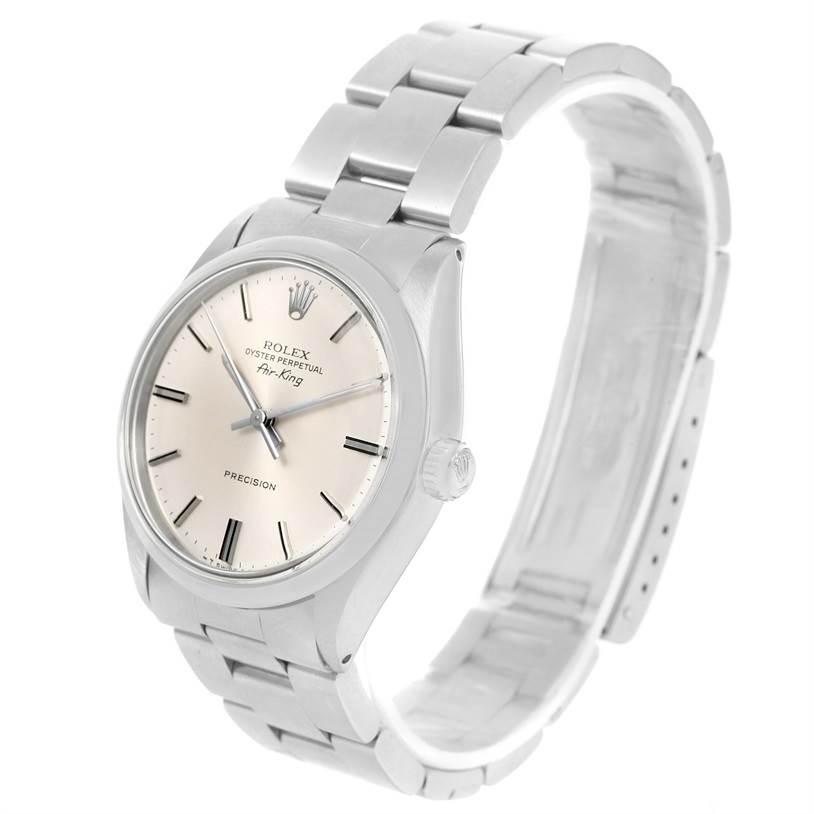 The image shows a Rolex Vintage Collection 5500 Men's Stainless Steel Silver Dial 5500 Men's Stainless Steel Silver Dial Air-King watch from a slight right angle, highlighting the dial, case, crown, and bracelet.