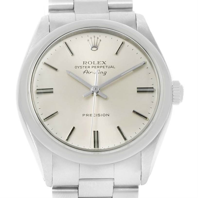 The image shows a front view of the Rolex Vintage Collection 5500 Men's Stainless Steel Silver Dial 5500 Men's Stainless Steel Silver Dial Oyster Perpetual Air-King watch, displaying the dial, hands, and part of the bracelet.