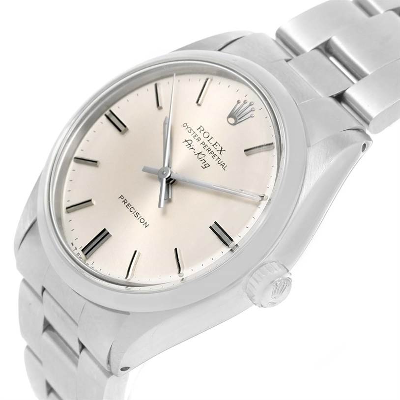 This image shows a side angle of the Rolex Vintage Collection 5500 Men's Stainless Steel Silver Dial 5500 Men's Stainless Steel Silver Dial model, highlighting the dial, hands, crown, and part of the bracelet.