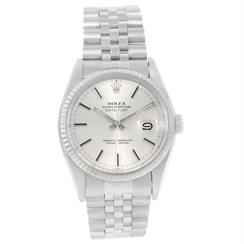 The image shows a front view of the Rolex Vintage Collection 16014 Men's Stainless Steel Silver Dial 16014 Men's Stainless Steel Silver Dial Oyster Perpetual Datejust watch, displaying the dial, bezel, crown, and bracelet.