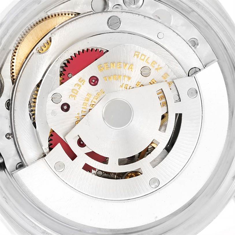 This image shows the internal mechanical components of the Vintage Collection model by Rolex, viewed from the back.