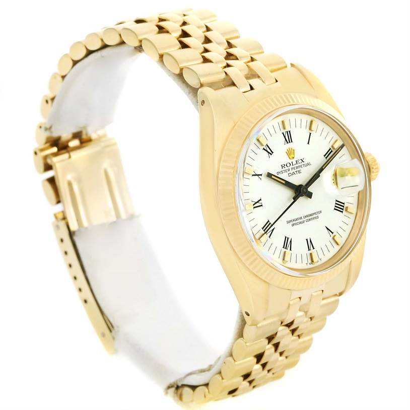The image shows a side view angle of the Rolex Vintage Collection 1503 Men's Yellow Gold White Dial 1503 Men's Yellow Gold White Dial watch, featuring the bracelet, clasp, dial, and crown.