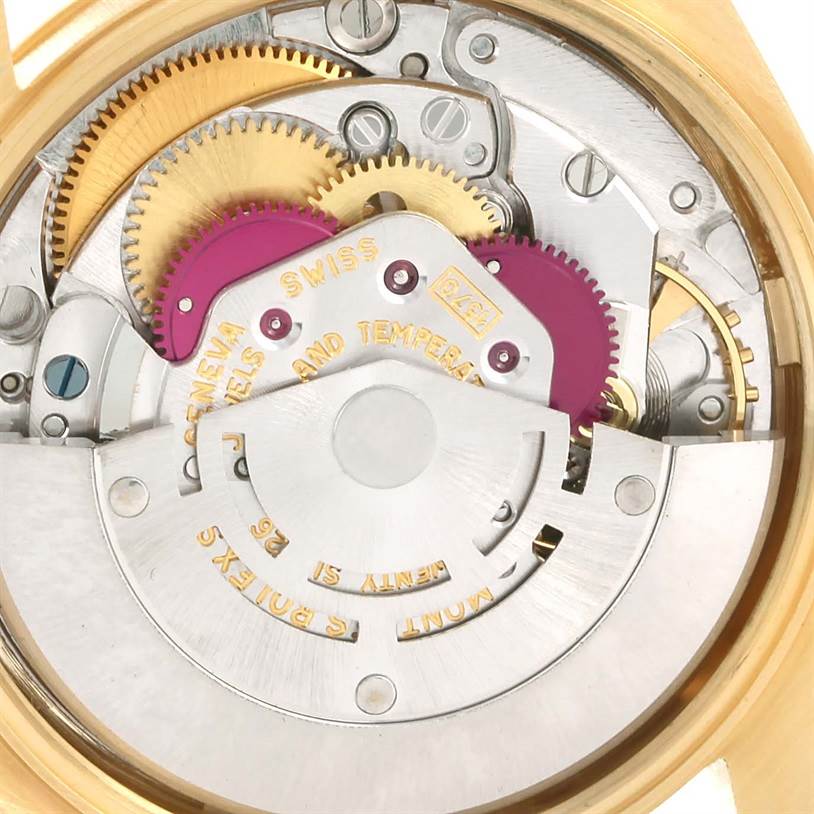 The image shows the internal mechanical movement of a Rolex Vintage Collection 1503 Men's Yellow Gold White Dial 1503 Men's Yellow Gold White Dial watch from a rear angle, highlighting gears and components.
