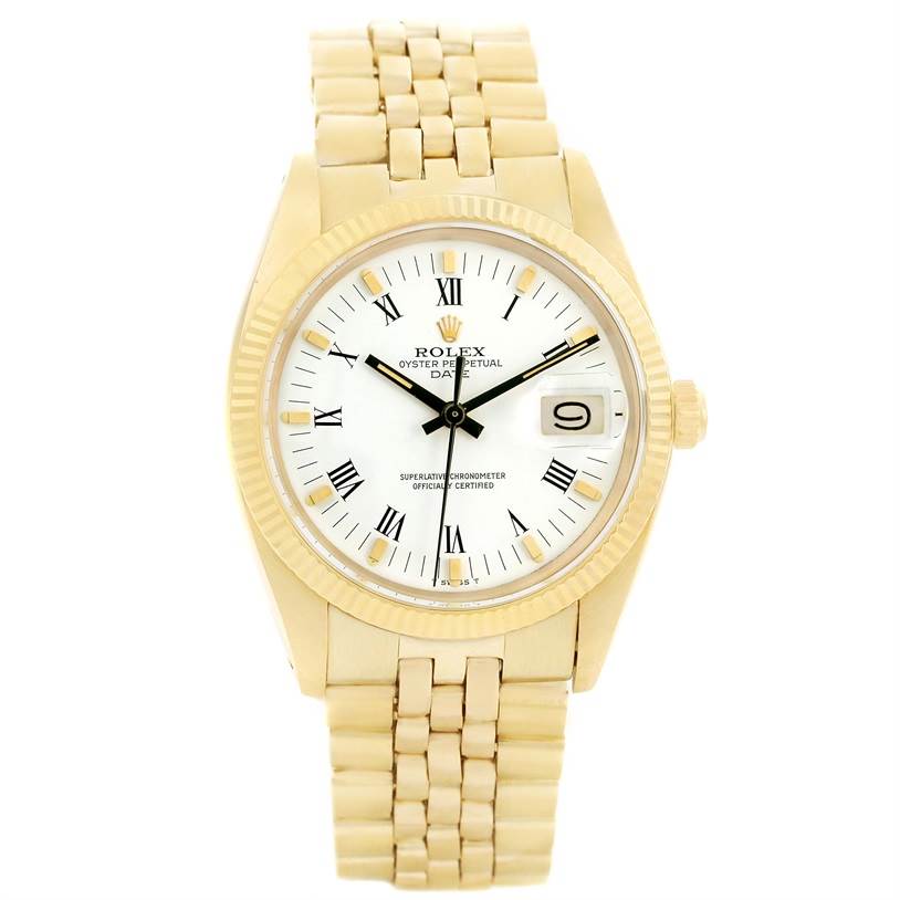 The image shows a front view of a Rolex Vintage Collection 1503 Men's Yellow Gold White Dial 1503 Men's Yellow Gold White Dial Oyster Perpetual Date watch, highlighting the dial, bezel, and bracelet.