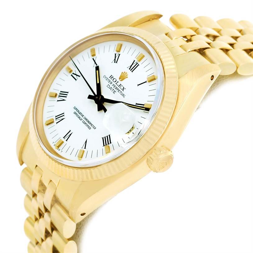 This Rolex Vintage Collection 1503 Men's Yellow Gold White Dial 1503 Men's Yellow Gold White Dial watch is shown at a three-quarter angle, highlighting its gold casing, white dial, and bracelet.