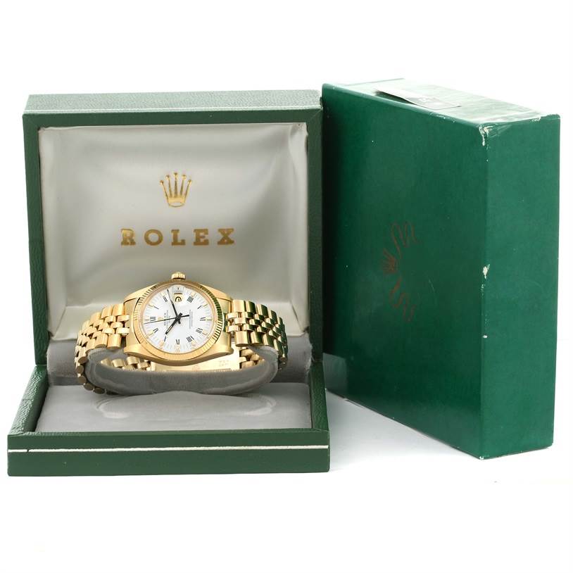 The image shows a Rolex Vintage Collection 1503 Men's Yellow Gold White Dial 1503 Men's Yellow Gold White Dial watch in its open box, displaying the face and gold bracelet.