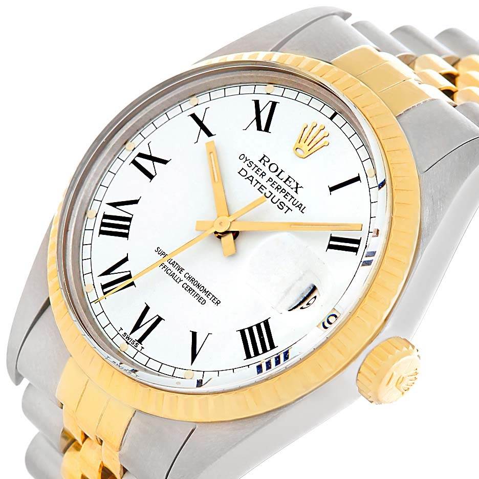 The image shows a close-up of the dial and partial bracelet of a Rolex Vintage Collection 16013 Men's Stainless Steel White Dial 16013 Men's Stainless Steel White Dial Datejust watch.