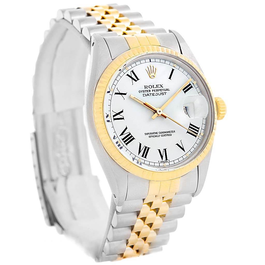 The Rolex Vintage Collection 16013 Men's Stainless Steel White Dial 16013 Men's Stainless Steel White Dial model is shown from a slight angle, displaying the watch face, bezel, and two-tone bracelet.