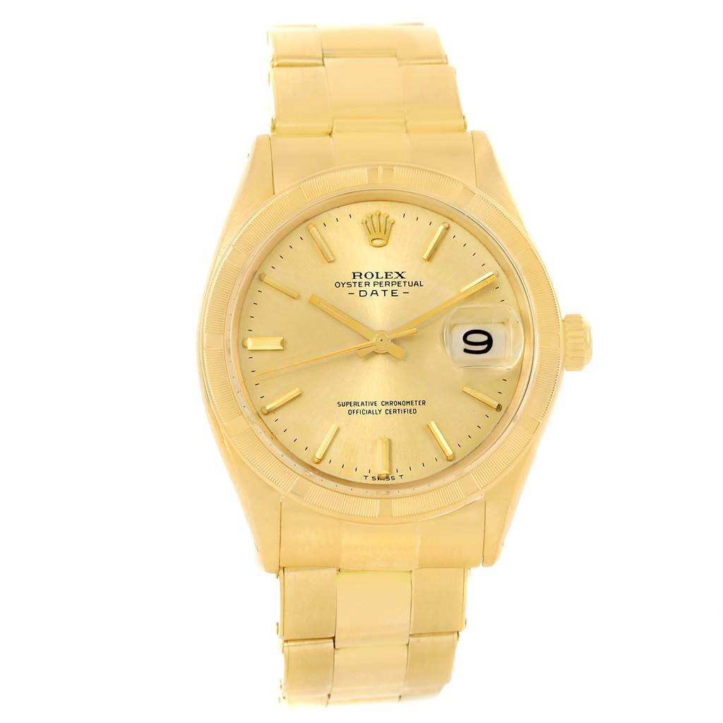 The image displays a full frontal view of a Rolex Vintage Collection 1500 Men's Yellow Gold Champagne Dial 1500 Men's Yellow Gold Champagne Dial Oyster Perpetual Date watch.