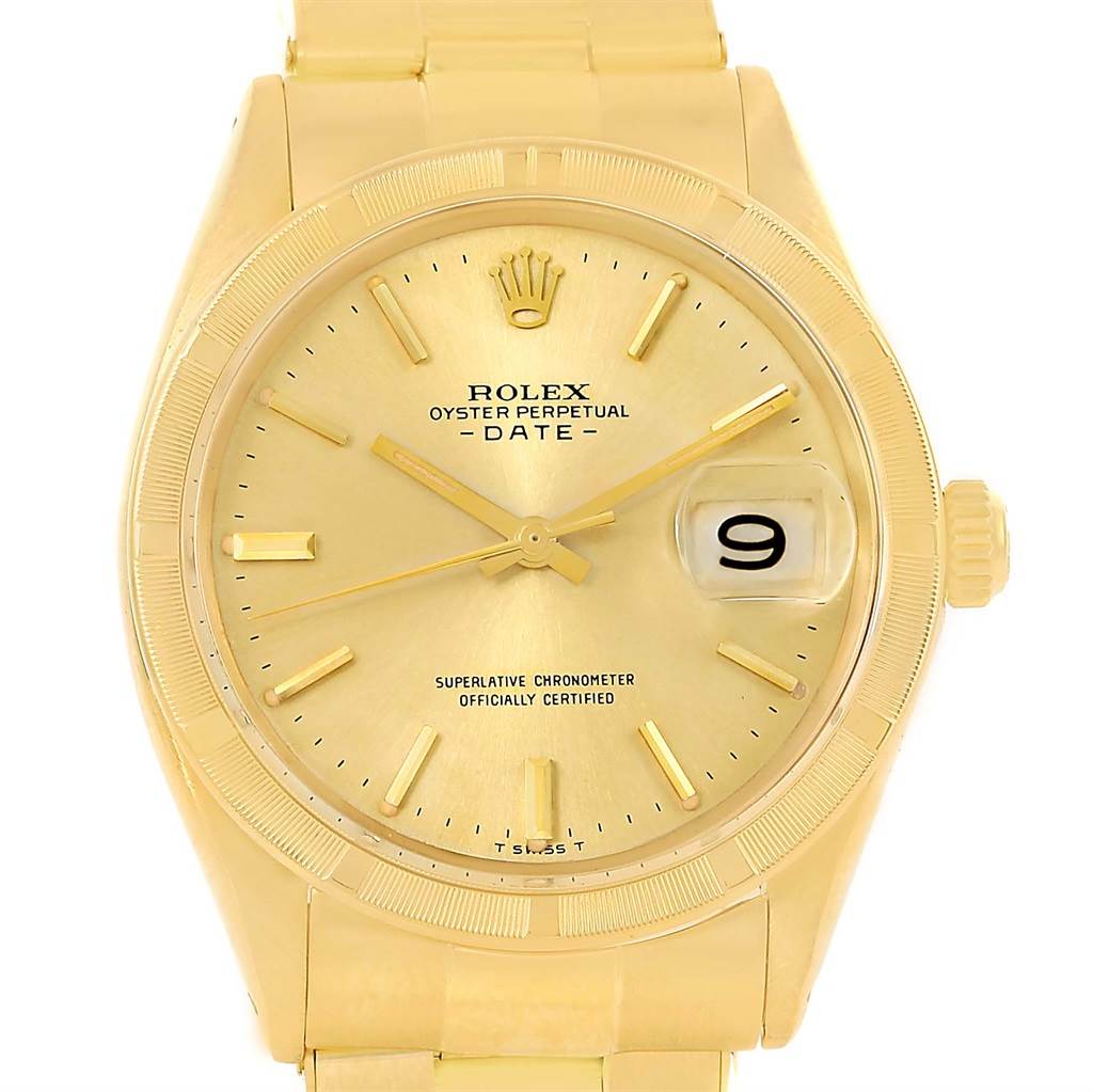This image shows a front view of a Rolex Vintage Collection 1500 Men's Yellow Gold Champagne Dial 1500 Men's Yellow Gold Champagne Dial Oyster Perpetual Date watch, highlighting the dial, hands, and date display.
