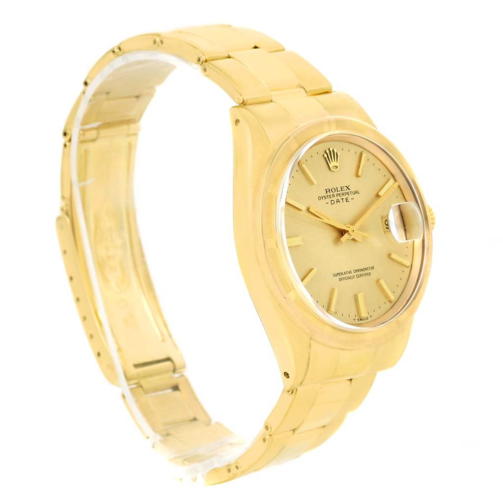 The image shows a side angle of a Rolex Vintage Collection 1500 Men's Yellow Gold Champagne Dial 1500 Men's Yellow Gold Champagne Dial watch, highlighting the bracelet, dial, and case.