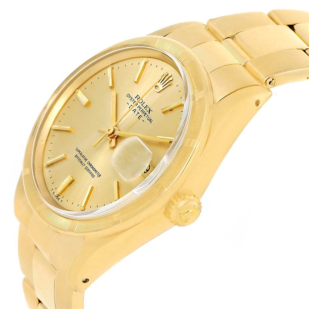 This image shows a side angle of the Rolex Vintage Collection 1500 Men's Yellow Gold Champagne Dial 1500 Men's Yellow Gold Champagne Dial Oyster Perpetual Date watch, highlighting the dial, bezel, and bracelet.