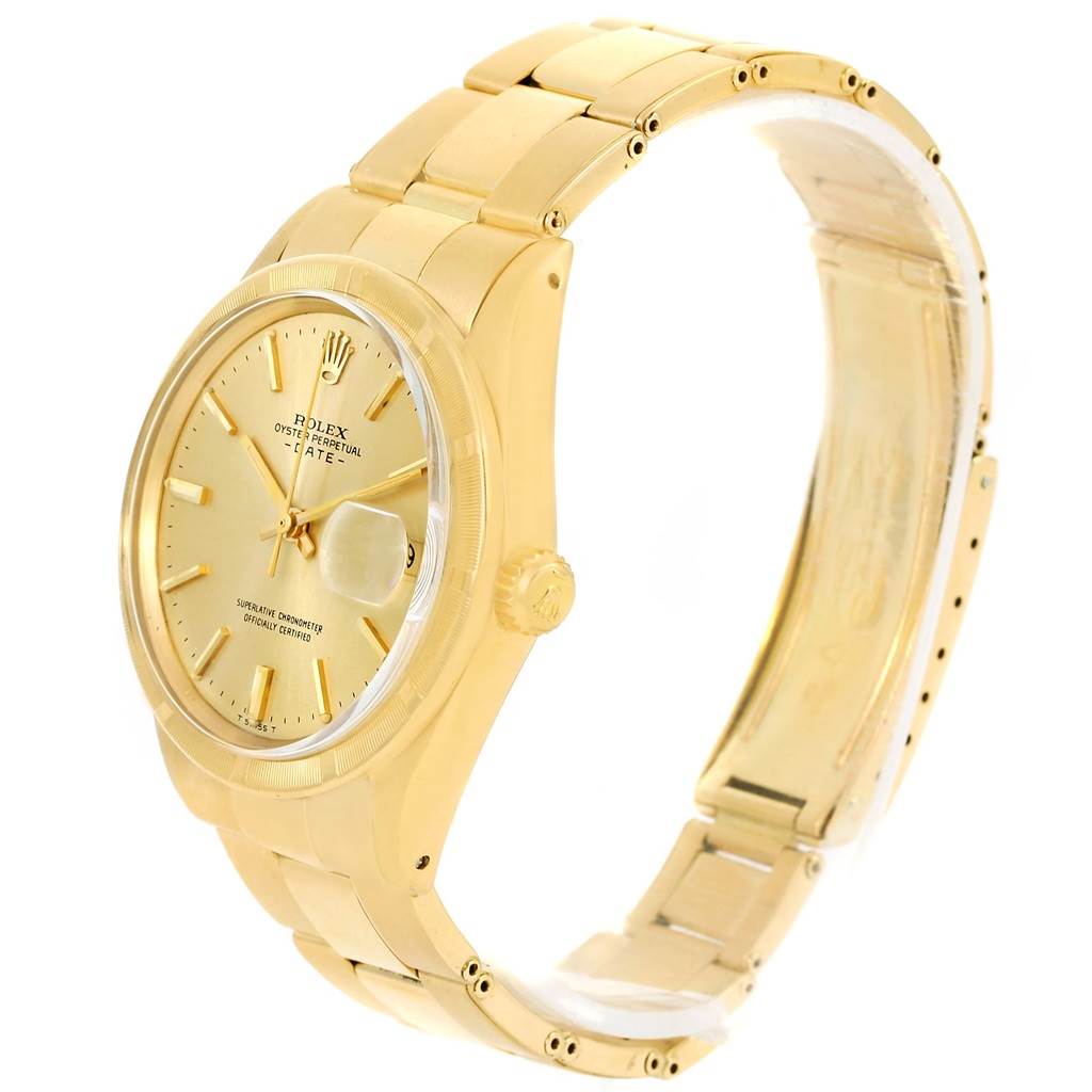 The Rolex Vintage Collection 1500 Men's Yellow Gold Champagne Dial 1500 Men's Yellow Gold Champagne Dial model is shown from an angled side view, highlighting the dial, crown, bracelet, and clasp.