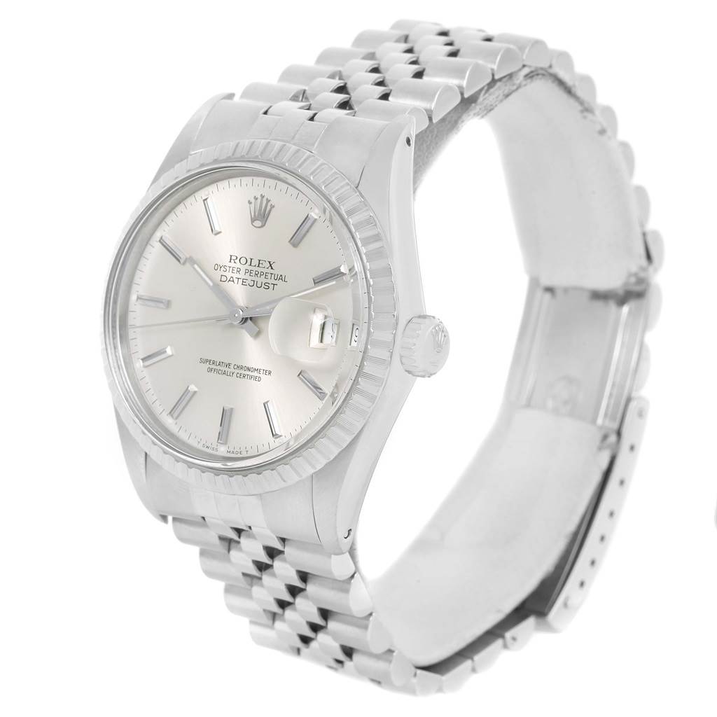 The image shows a Rolex Vintage Collection 16000 Men's Stainless Steel Silver Dial 16000 Men's Stainless Steel Silver Dial Oyster Perpetual Datejust watch at an angled front view.