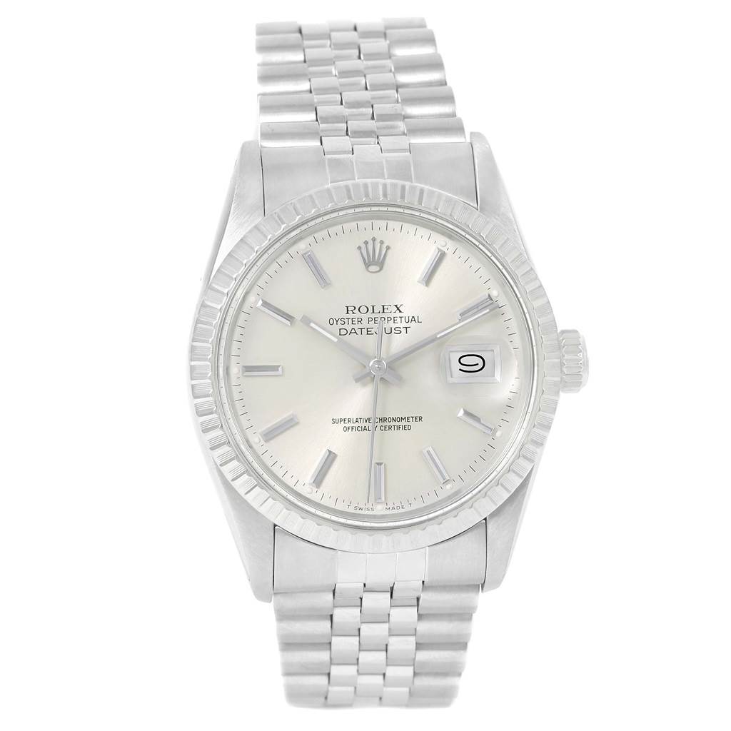 The image shows a frontal view of the Rolex Vintage Collection 16000 Men's Stainless Steel Silver Dial 16000 Men's Stainless Steel Silver Dial Oyster Perpetual Datejust watch, featuring its face and stainless steel bracelet.