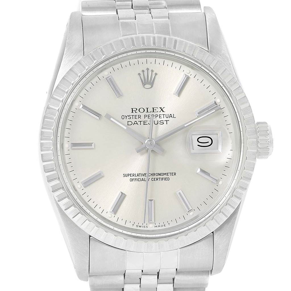 The image shows a front view of a Rolex Vintage Collection 16000 Men's Stainless Steel Silver Dial 16000 Men's Stainless Steel Silver Dial Datejust watch, displaying the face, bezel, crown, and part of the bracelet.