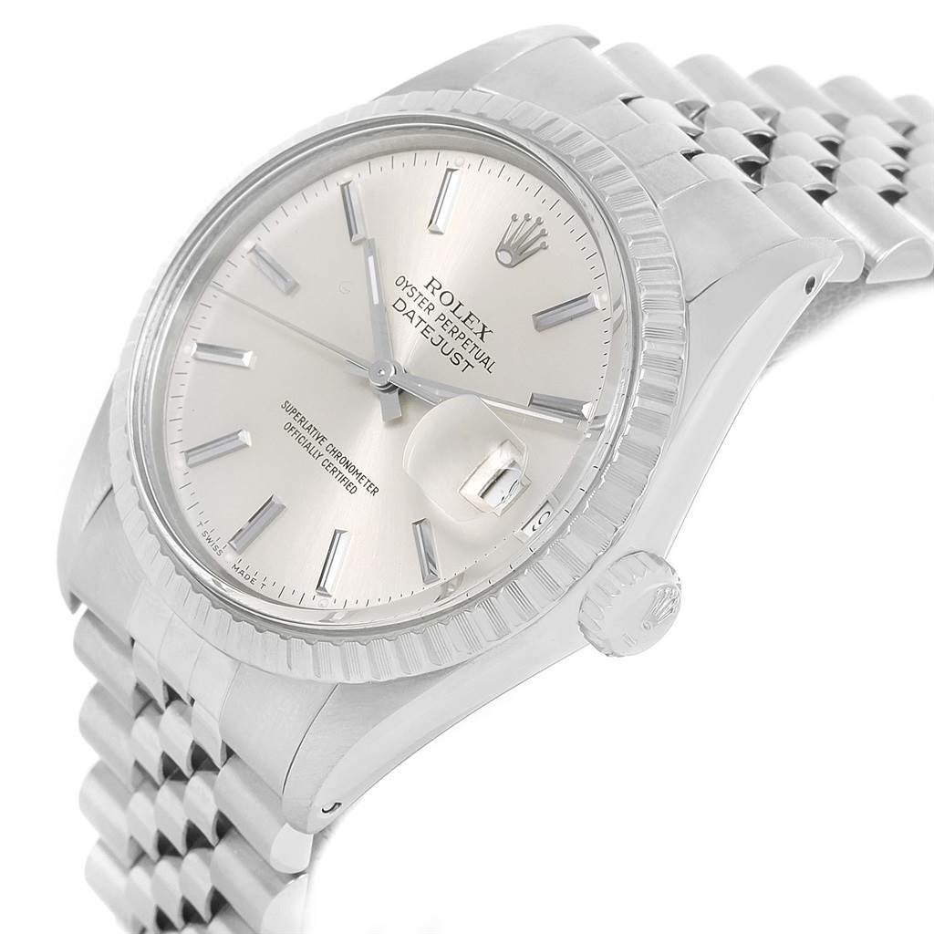 The image shows a Rolex Vintage Collection 16000 Men's Stainless Steel Silver Dial 16000 Men's Stainless Steel Silver Dial watch face and its partial bracelet, viewed at a slight side angle.