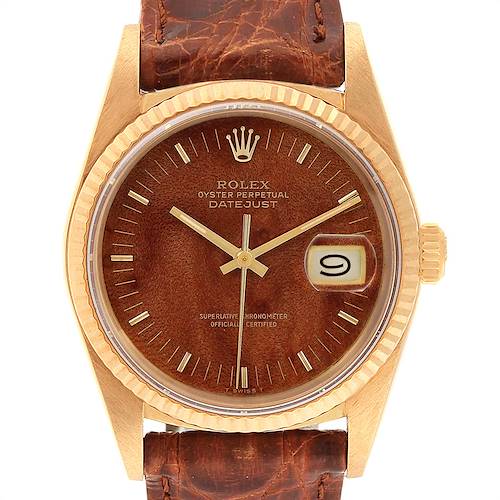 Photo of Rolex Datejust 18k Yellow Gold Burl Wood Dial Vintage Mens Watch 16018