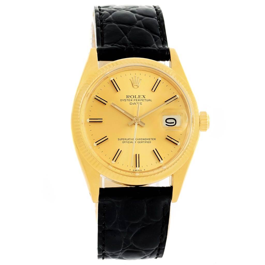 The image shows a front view of a Rolex Vintage Collection 1503 Men's Yellow Gold Champagne Dial 1503 Men's Yellow Gold Champagne Dial model watch with a yellow gold case, black leather strap, and date display.