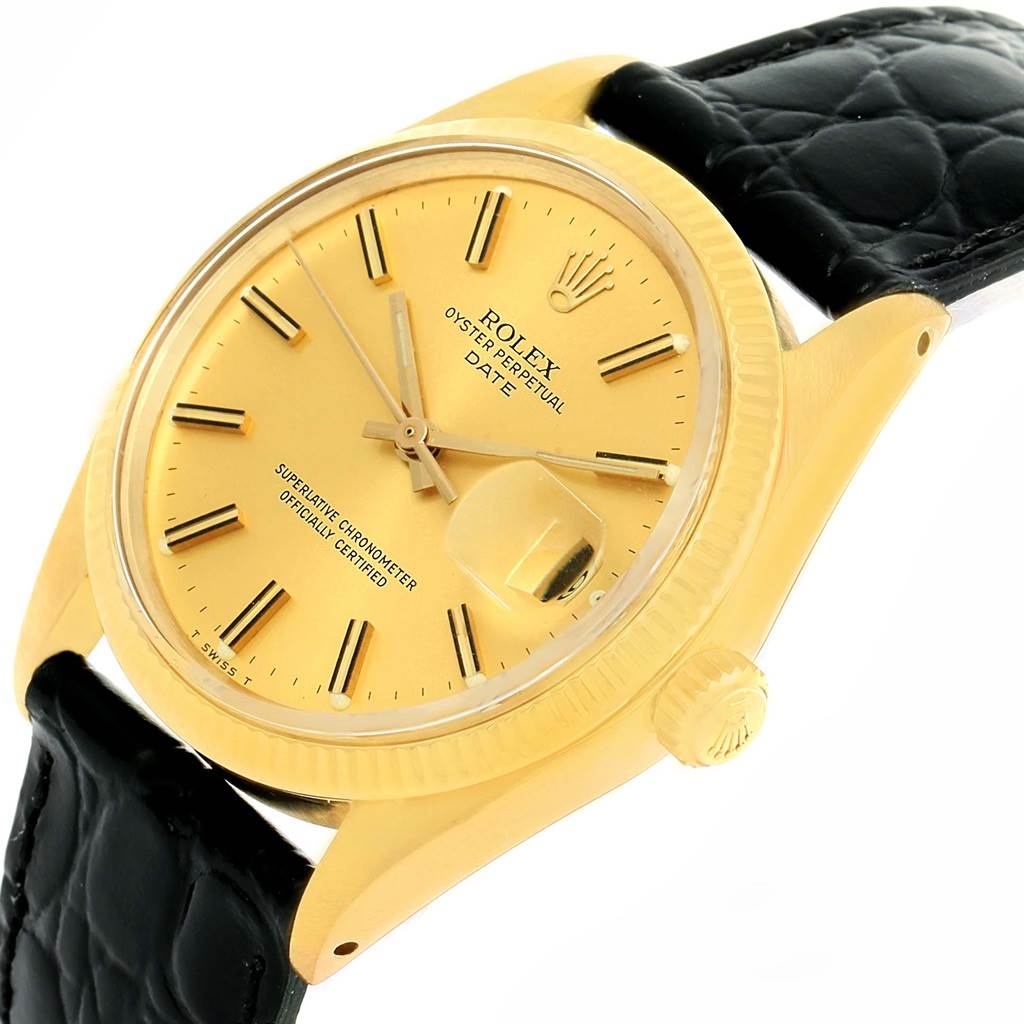 The Rolex Vintage Collection 1503 Men's Yellow Gold Champagne Dial 1503 Men's Yellow Gold Champagne Dial model watch is shown at a slight angle, displaying its gold dial, hour markers, crown, and black leather strap.