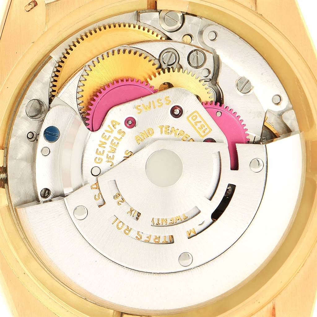 The image shows the intricate internal mechanism of the Rolex Vintage Collection 1625 Men's Yellow Gold Champagne Dial 1625 Men's Yellow Gold Champagne Dial watch from a close-up angle.