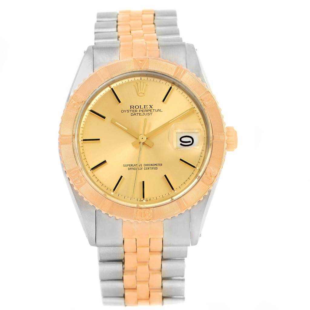The image shows a front view of the Rolex Vintage Collection 16253 Men
s Steel and Gold (two tone) Champagne Dial 16253 Men
s Steel and Gold (two tone) Champagne Dial model, highlighting the dial, bezel, and a two-tone bracelet.