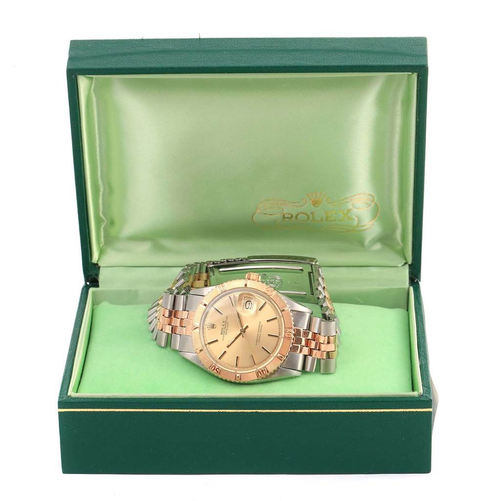 This image shows a Rolex Vintage Collection 16253 Men
s Steel and Gold (two tone) Champagne Dial 16253 Men
s Steel and Gold (two tone) Champagne Dial model watch with its face and bracelet band displayed in an open green box.