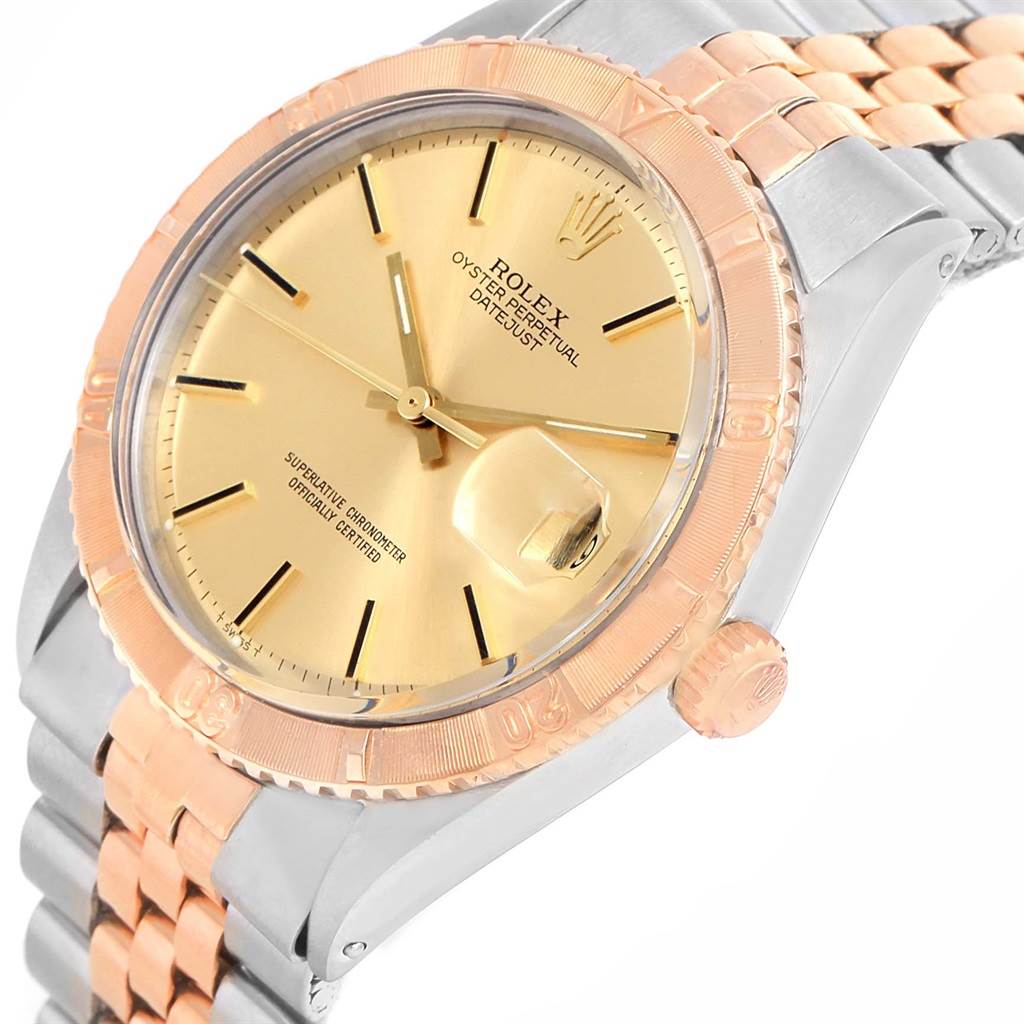 This Rolex Vintage Collection 16253 Men
s Steel and Gold (two tone) Champagne Dial 16253 Men
s Steel and Gold (two tone) Champagne Dial model is shown at an angled close-up, highlighting the dial, bezel, crown, and part of the bracelet.