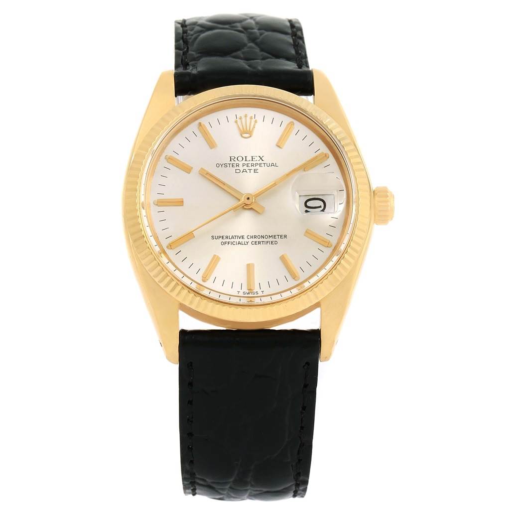This is a front view of the Rolex Vintage Collection 1503 Men's Yellow Gold Silver Dial 1503 Men's Yellow Gold Silver Dial watch, showing the dial, bezel, crown, and black leather strap.