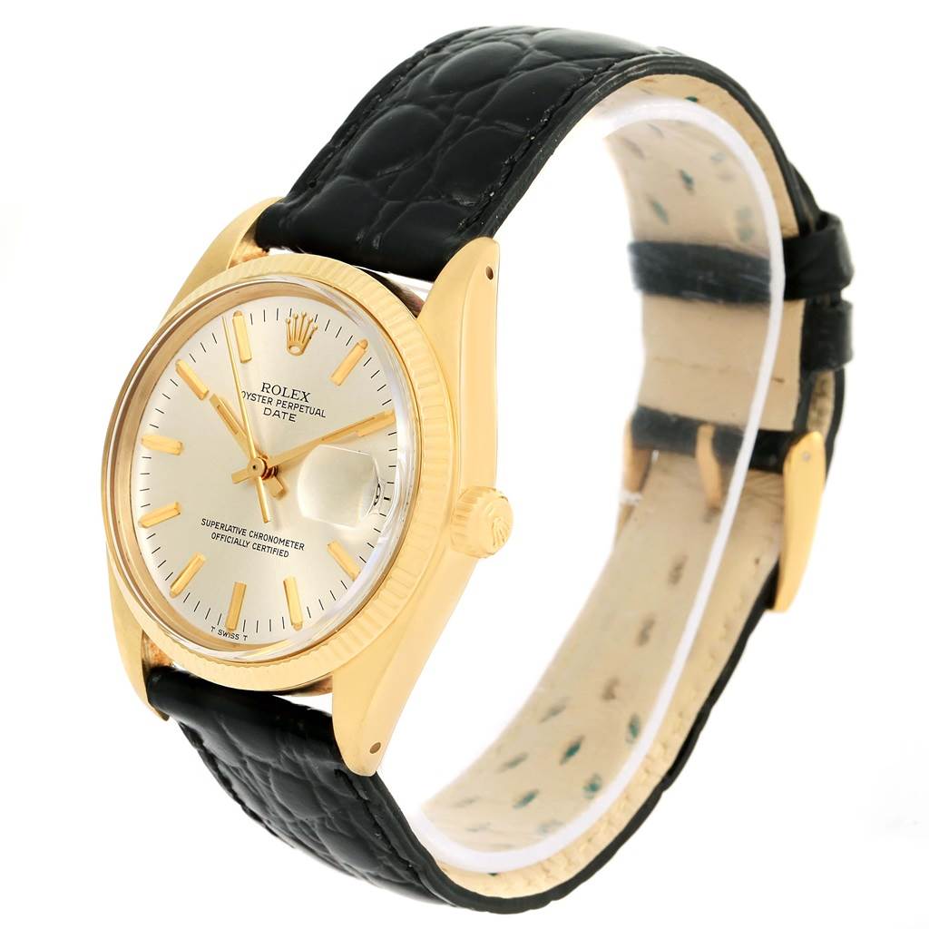 The image displays a Rolex Vintage Collection 1503 Men's Yellow Gold Silver Dial 1503 Men's Yellow Gold Silver Dial watch at a three-quarter angle, showcasing the face, bezel, crown, and black leather strap.