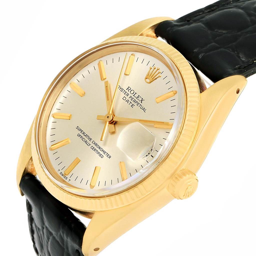 The image shows a close-up of the dial, case, crown, and part of the leather strap of a Rolex Vintage Collection 1503 Men's Yellow Gold Silver Dial 1503 Men's Yellow Gold Silver Dial Oyster Perpetual Date watch.