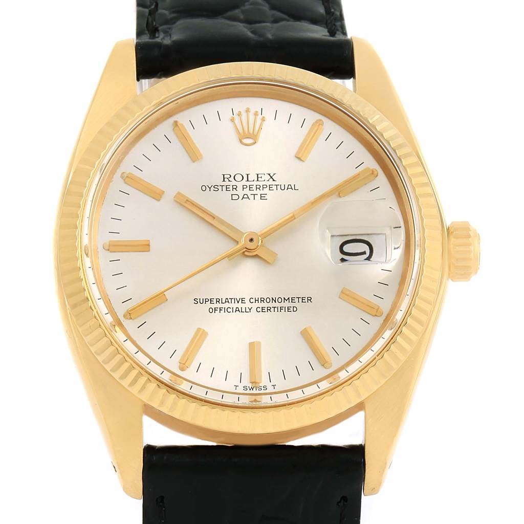 The image shows a front-facing view of a Vintage Collection Rolex Oyster Perpetual Date watch with a leather strap and gold bezel.