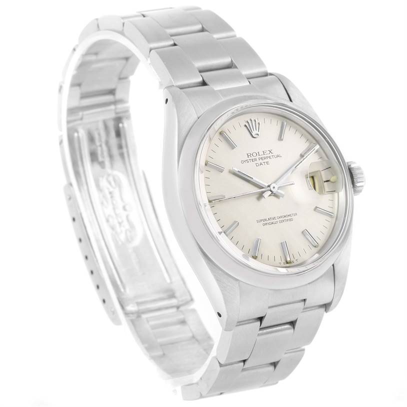 The Rolex Vintage Collection 1500 Men's Stainless Steel Silver Dial 1500 Men's Stainless Steel Silver Dial watch is shown at a 3/4 angle, displaying the face, crown, and partly open bracelet.
